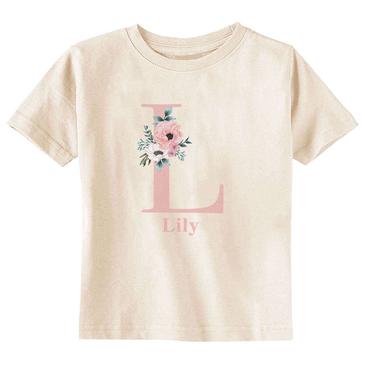 Floral Initial Name Natural T-Shirt