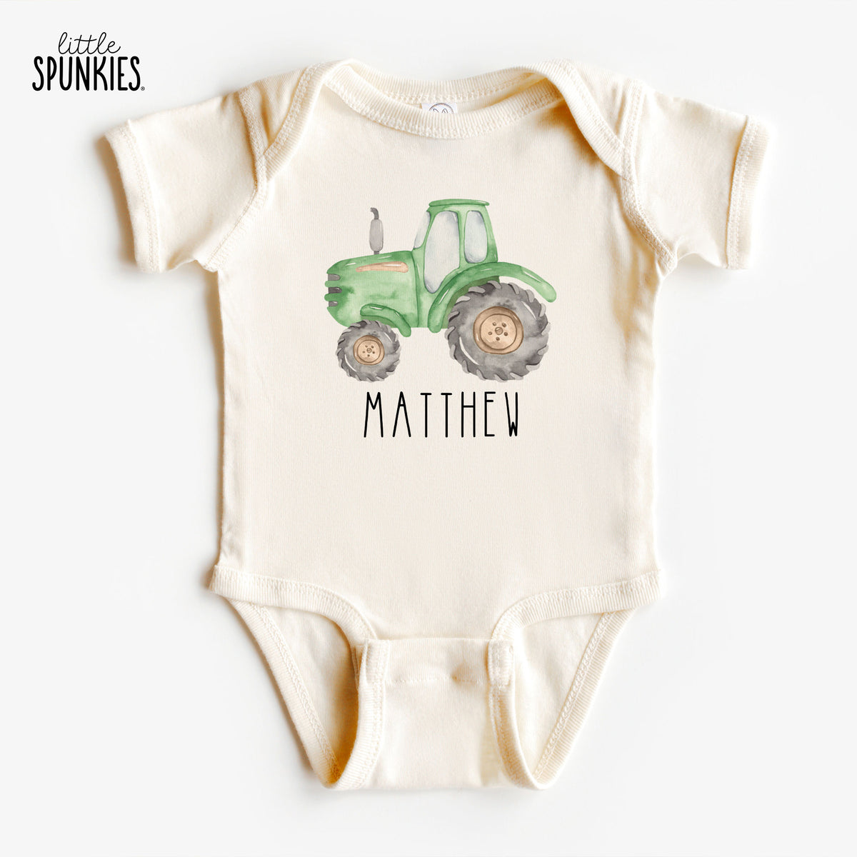 Green Farm Tractor with Name Natural Onesies® Brand