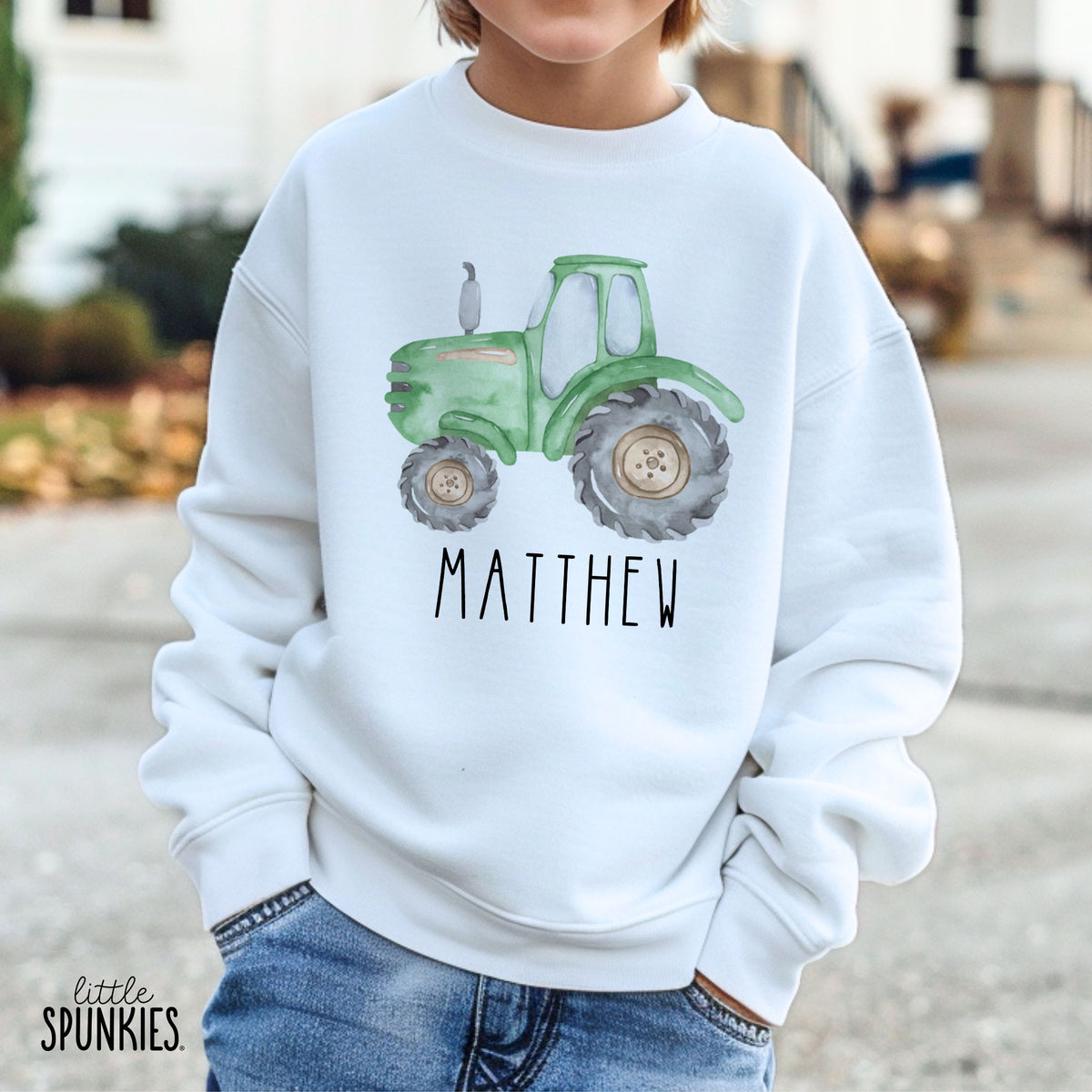 Watercolor Green Farm Tractor with Name Sweatshirt