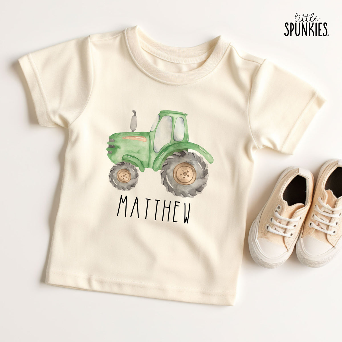 Green Farm Tractor with Name Natural T-Shirt