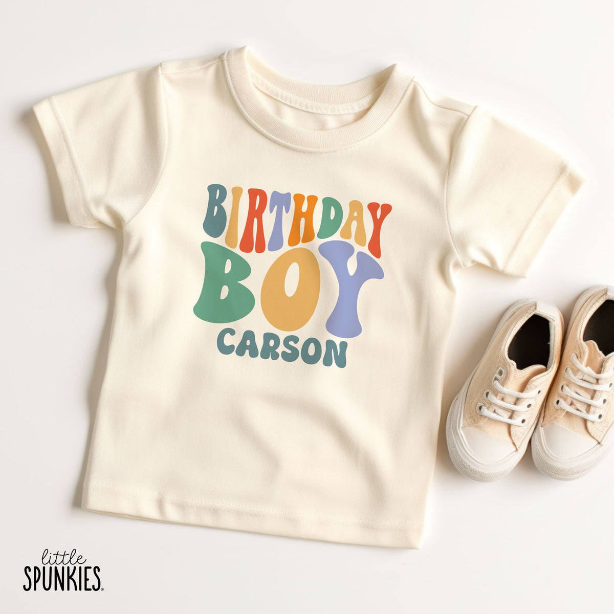 Groovy Birthday Boy with Name Natural T-Shirt