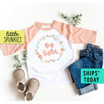 Big Sister Peach Floral Wreath Raglan Shirt