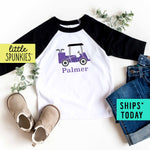 Plaid Golf Cart (PURPLE) Toddler Sports Themed Baseball Raglan Tee